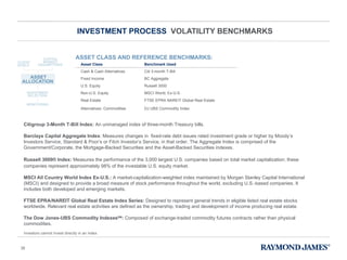 INVESTMENT PROCESS  VOLATILITY BENCHMARKS ASSET CLASS AND REFERENCE BENCHMARKS: Citigroup 3-Month T-Bill Index:  An unmanaged index of three-month Treasury bills. Barclays Capital Aggregate Index : Measures changes in  fixed-rate debt issues rated investment grade or higher by Moody ’s Investors Service, Standard & Poor’s or Fitch Investor’s Service, in that order. The Aggregate Index is comprised of the Government/Corporate, the Mortgage-Backed Securities and the Asset-Backed Securities indexes.  Russell 3000® Index:  Measures the performance of the 3,000 largest U.S. companies based on total market capitalization; these companies represent approximately 98% of the investable U.S. equity market. MSCI All Country World Index Ex-U.S.:  A market-capitalization-weighted index maintained by Morgan Stanley Capital International (MSCI) and designed to provide a broad measure of stock performance throughout the world, excluding U.S.-based companies. It includes both developed and emerging markets. FTSE EPRA/NAREIT Global Real Estate Index Series:  Designed to represent general trends in eligible listed real estate stocks worldwide. Relevant real estate activities are defined as the ownership, trading and development of income producing real estate. The Dow Jones-UBS Commodity Indexes SM :  Composed of exchange-traded commodity futures contracts rather than physical commodities. Investors cannot invest directly in an index. Asset Class Benchmark Used Cash & Cash Alternatives Citi 3-month T-Bill Fixed Income BC Aggregate U.S. Equity Russell 3000 Non-U.S. Equity MSCI World, Ex-U.S. Real Estate FTSE EPRA NAREIT Global Real Estate Alternatives: Commodities DJ UBS Commodity Index 