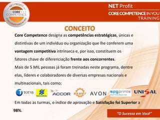 CORE COMPETENCE Sucesso em
Você
“O Sucesso em Você”“O Sucesso em Você”
Core Competence designa as competências estratégicas, únicas e
distintivas de um indivíduo ou organização que lhe conferem uma
vantagem competitiva intrínseca e, por isso, constituem os
fatores chave de diferenciação frente aos concorrentes.
Mais de 5 MIL pessoas já foram treinadas neste programa, dentre
elas, líderes e colaboradores de diversas empresas nacionais e
multinacionais, tais como:
CONCEITO
Em todas as turmas, o índice de aprovação e Satisfação foi Superior a
98%.
 