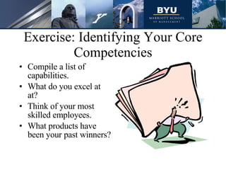 Exercise: Identifying Your Core Competencies Compile a list of capabilities.  What do you excel at at?  Think of your most skilled employees. What products have been your past winners? 