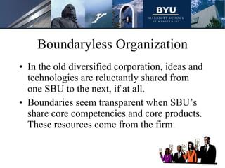 Boundaryless Organization In the old diversified corporation, ideas and technologies are reluctantly shared from one SBU to the next, if at all. Boundaries seem transparent when SBU’s share core competencies and core products. These resources come from the firm. 