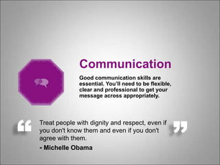 Communication
Treat people with dignity and respect, even if
you don't know them and even if you don't
agree with them.
- Michelle Obama
“ ”
Good communication skills are
essential. You’ll need to be flexible,
clear and professional to get your
message across appropriately.
 
