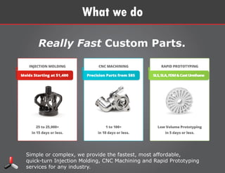 Simple or complex, we provide the fastest, most affordable, quick-turn
Injection Molding, CNC Machining and Rapid Prototyping services for
any industry.
What we do
Really Fast Custom Parts.
 
