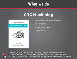 Using high quality materials, our high speed machining center,
state-of-the-art 3, 4 and 5 axis machines and our Advanced Mold Making
System allow us to produce your parts in a fraction of the time.
What we do
CNC Machining
• 3, 4 and 5 axis machining capabilities
• Tight tolerances
• Metal or Plastic parts
• Custom finishes
 