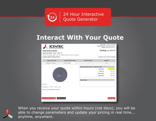 24 Hour Interactive
Quote Generator
Interact With Your Quote
When you receive your quote within hours (not days), you will be able to
change parameters and update your pricing in real time... anytime,
anywhere.
 