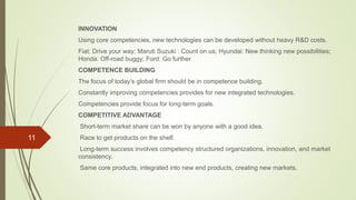INNOVATION
Using core competencies, new technologies can be developed without heavy R&D costs.
Fiat: Drive your way; Maruti Suzuki : Count on us; Hyundai: New thinking new possibilities;
Honda: Off-road buggy; Ford: Go further
COMPETENCE BUILDING
The focus of today’s global firm should be in competence building.
Constantly improving competencies provides for new integrated technologies.
Competencies provide focus for long-term goals.
COMPETITIVE ADVANTAGE
Short-term market share can be won by anyone with a good idea.
Race to get products on the shelf.
Long-term success involves competency structured organizations, innovation, and market
consistency.
Same core products, integrated into new end products, creating new markets.
11
 