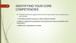 IDENTIFYING YOUR CORE
COMPETENCIES
 Prahalad and Hamel suggest three factors to help identify core competencies in
any business:
1. Provides potential access to a wide variety of markets
2. Makes a significant contribution to the perceived customer benefits of the
end product
3. Difficult for competitors to imitate
5
 