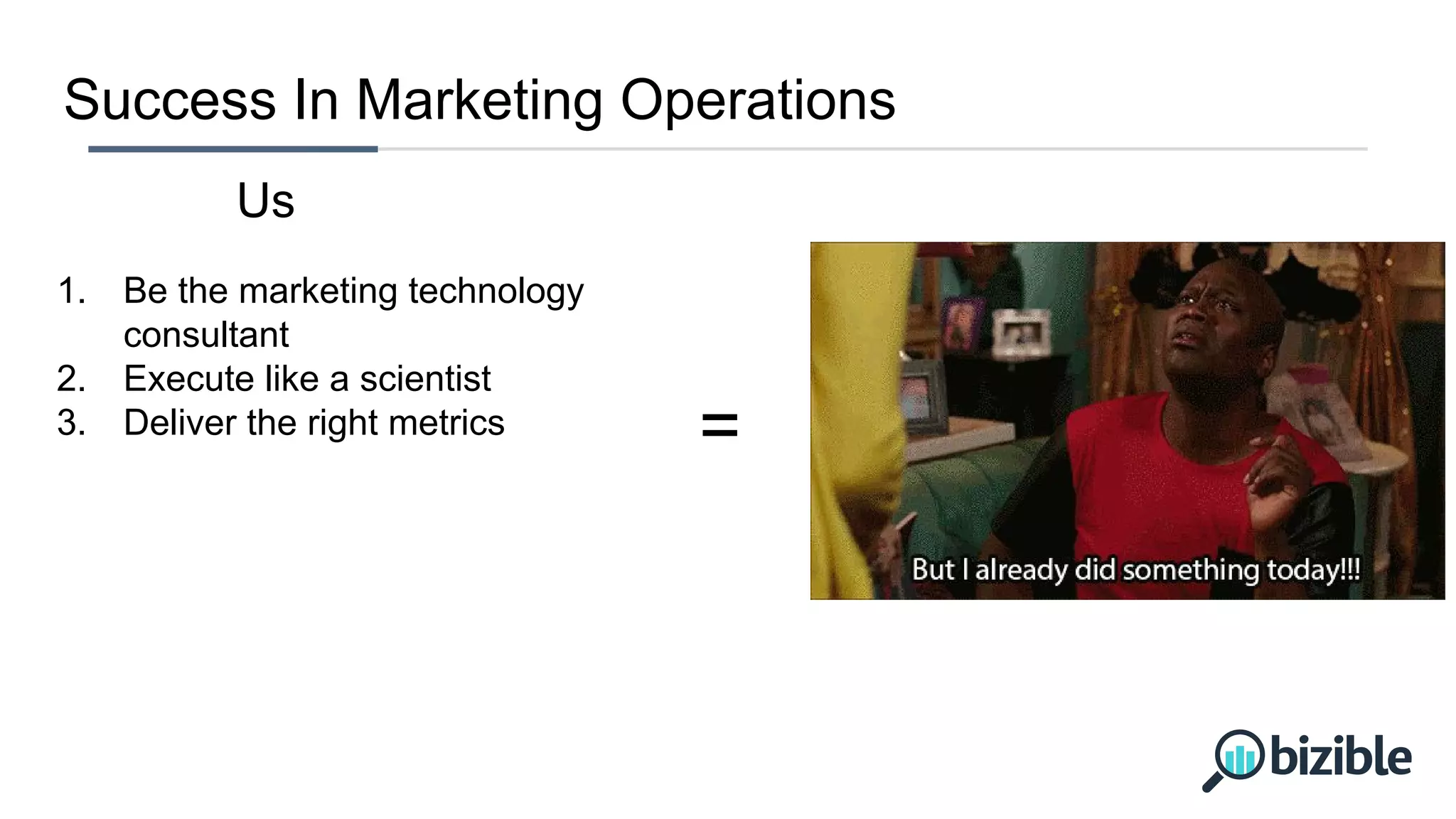 Success In Marketing Operations
=
1. Be the marketing technology
consultant
2. Execute like a scientist
3. Deliver the right metrics
Us
 