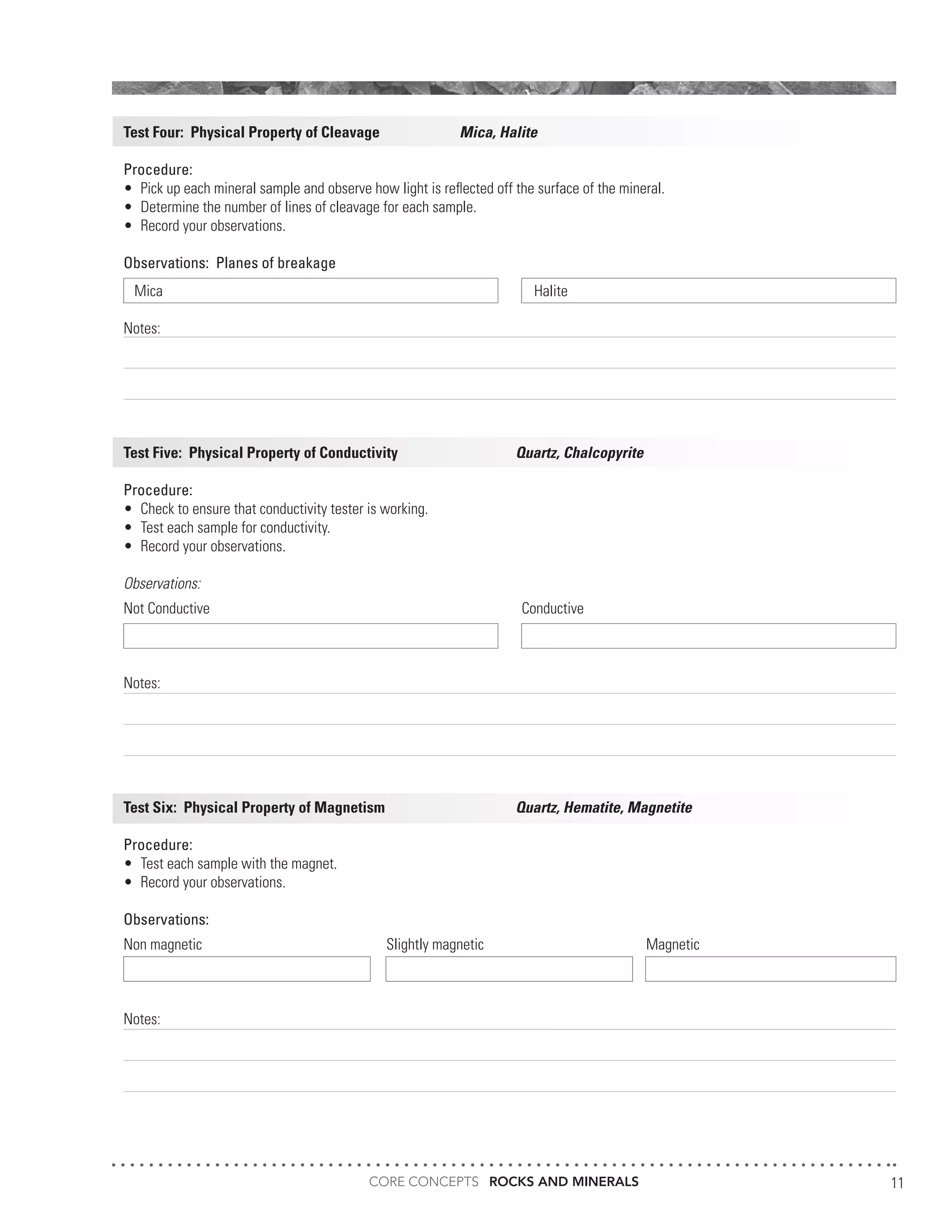 CORE CONCEPTS ROCKS AND MINERALS 11
Test Four: Physical Property of Cleavage		 Mica, Halite
Procedure:	
•	 Pick up each mineral sample and observe how light is reflected off the surface of the mineral.
•	 Determine the number of lines of cleavage for each sample.
•	 Record your observations.
Observations: Planes of breakage
	 Mica 	 Halite
Notes:
													
	
Test Five: Physical Property of Conductivity			 Quartz, Chalcopyrite
Procedure:	
•	 Check to ensure that conductivity tester is working.
•	 Test each sample for conductivity.
•	 Record your observations.
Observations:
Not Conductive	 Conductive
Notes:
														
														
														
										
Test Six: Physical Property of Magnetism			 Quartz, Hematite, Magnetite
Procedure:	
•	 Test each sample with the magnet.
•	 Record your observations.
Observations:
Non magnetic	 Slightly magnetic	 Magnetic
		
Notes:
														
														
														
										
 