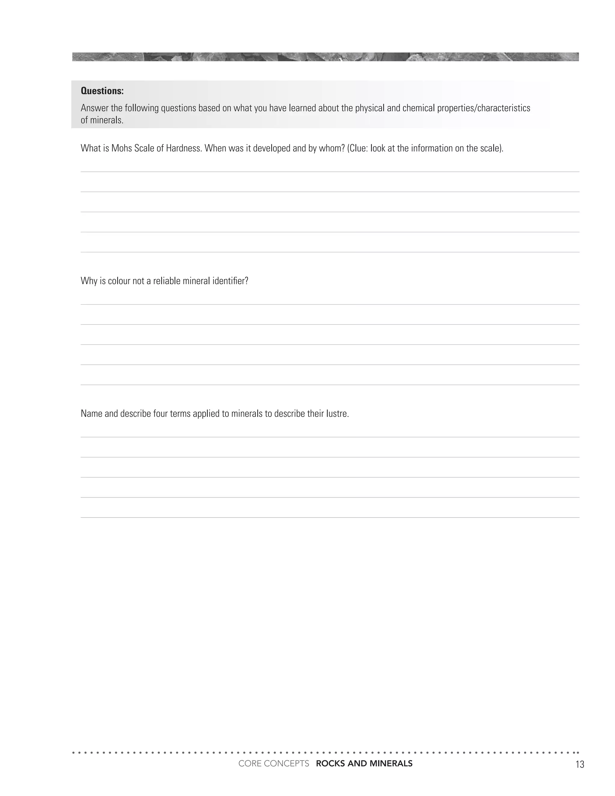 CORE CONCEPTS ROCKS AND MINERALS 13
Questions:
Answer the following questions based on what you have learned about the physical and chemical properties/characteristics
of minerals.
What is Mohs Scale of Hardness. When was it developed and by whom? (Clue: look at the information on the scale).
Why is colour not a reliable mineral identifier?
Name and describe four terms applied to minerals to describe their lustre.
 