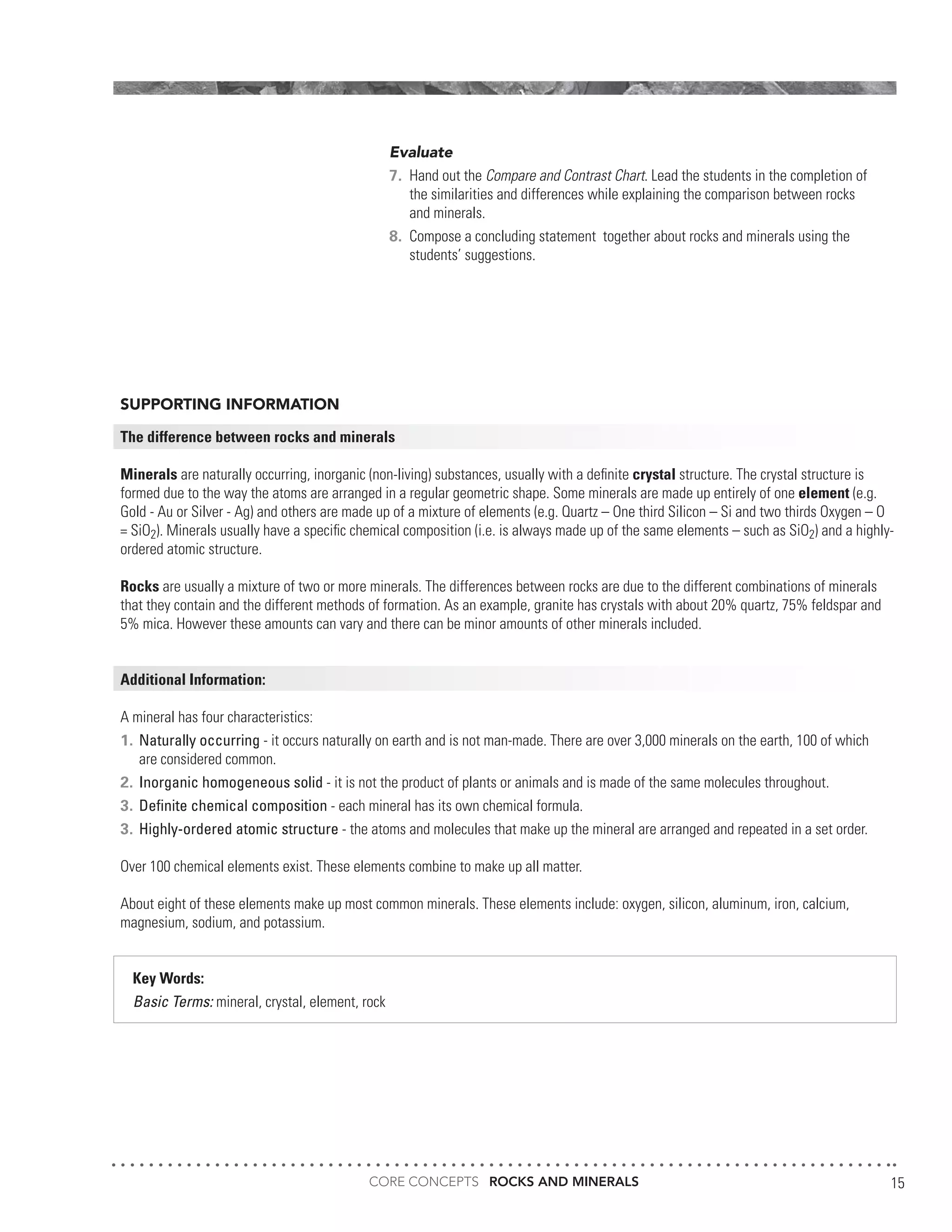CORE CONCEPTS ROCKS AND MINERALS 15
SUPPORTING INFORMATION
The difference between rocks and minerals
Minerals are naturally occurring, inorganic (non-living) substances, usually with a definite crystal structure. The crystal structure is
formed due to the way the atoms are arranged in a regular geometric shape. Some minerals are made up entirely of one element (e.g.
Gold - Au or Silver - Ag) and others are made up of a mixture of elements (e.g. Quartz – One third Silicon – Si and two thirds Oxygen – O
= SiO2). Minerals usually have a specific chemical composition (i.e. is always made up of the same elements – such as SiO2) and a highly-
ordered atomic structure.
Rocks are usually a mixture of two or more minerals. The differences between rocks are due to the different combinations of minerals
that they contain and the different methods of formation. As an example, granite has crystals with about 20% quartz, 75% feldspar and
5% mica. However these amounts can vary and there can be minor amounts of other minerals included.
Additional Information:
A mineral has four characteristics:
1.	Naturally occurring - it occurs naturally on earth and is not man-made. There are over 3,000 minerals on the earth, 100 of which
	 are considered common.
2.	Inorganic homogeneous solid - it is not the product of plants or animals and is made of the same molecules throughout.
3.	Definite chemical composition - each mineral has its own chemical formula.
3.	Highly-ordered atomic structure - the atoms and molecules that make up the mineral are arranged and repeated in a set order.
Over 100 chemical elements exist. These elements combine to make up all matter.
About eight of these elements make up most common minerals. These elements include: oxygen, silicon, aluminum, iron, calcium,
magnesium, sodium, and potassium.
Key Words:
Basic Terms: mineral, crystal, element, rock
Evaluate
7.	 Hand out the Compare and Contrast Chart. Lead the students in the completion of
	 the similarities and differences while explaining the comparison between rocks
	 and minerals.
8.	 Compose a concluding statement together about rocks and minerals using the
	 students’ suggestions.
 