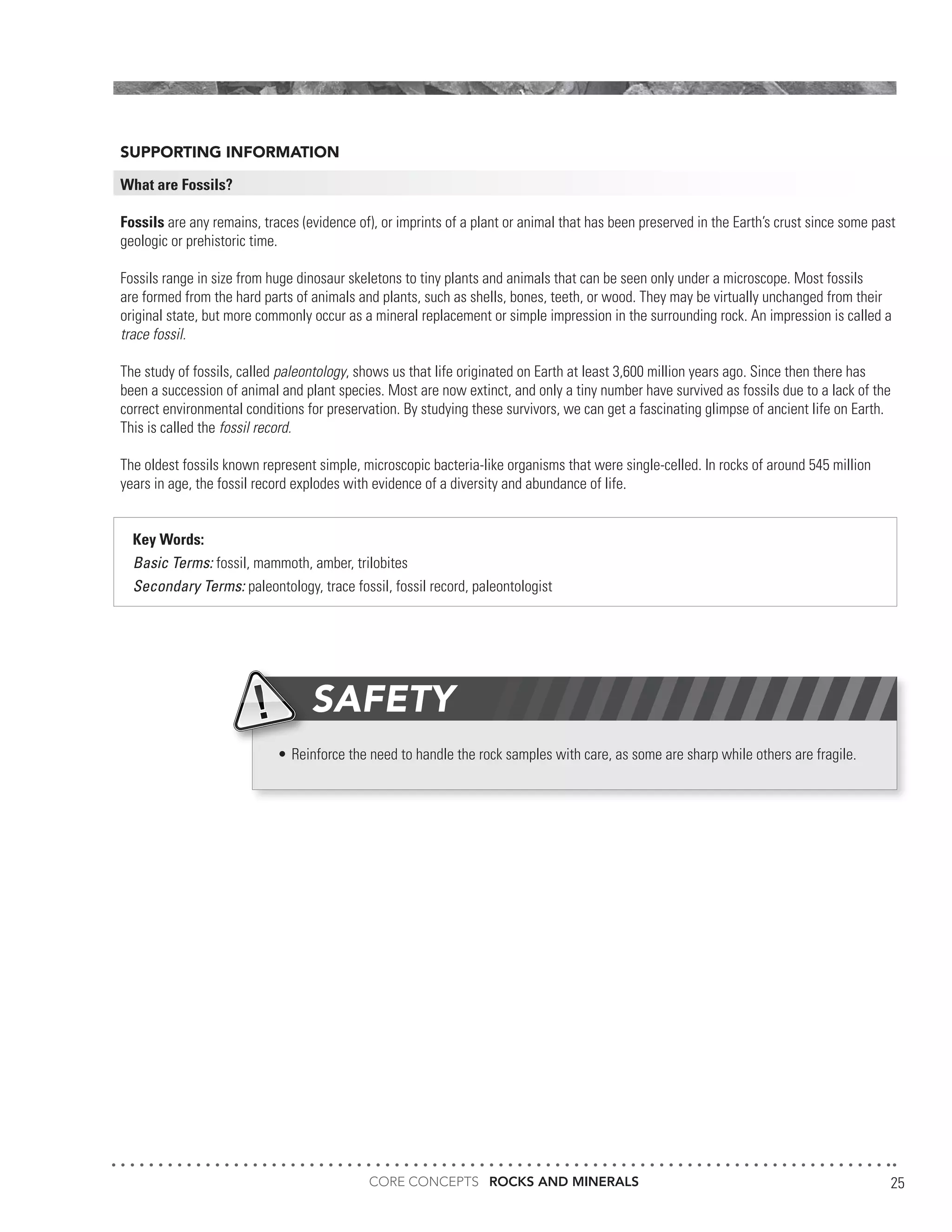 CORE CONCEPTS ROCKS AND MINERALS 25
SUPPORTING INFORMATION
What are Fossils?
Fossils are any remains, traces (evidence of), or imprints of a plant or animal that has been preserved in the Earth’s crust since some past
geologic or prehistoric time.
Fossils range in size from huge dinosaur skeletons to tiny plants and animals that can be seen only under a microscope. Most fossils
are formed from the hard parts of animals and plants, such as shells, bones, teeth, or wood. They may be virtually unchanged from their
original state, but more commonly occur as a mineral replacement or simple impression in the surrounding rock. An impression is called a
trace fossil.
The study of fossils, called paleontology, shows us that life originated on Earth at least 3,600 million years ago. Since then there has
been a succession of animal and plant species. Most are now extinct, and only a tiny number have survived as fossils due to a lack of the
correct environmental conditions for preservation. By studying these survivors, we can get a fascinating glimpse of ancient life on Earth.
This is called the fossil record.
The oldest fossils known represent simple, microscopic bacteria-like organisms that were single-celled. In rocks of around 545 million
years in age, the fossil record explodes with evidence of a diversity and abundance of life.
Key Words:
Basic Terms: fossil, mammoth, amber, trilobites
Secondary Terms: paleontology, trace fossil, fossil record, paleontologist
•	Reinforce the need to handle the rock samples with care, as some are sharp while others are fragile.
SAFETY
 