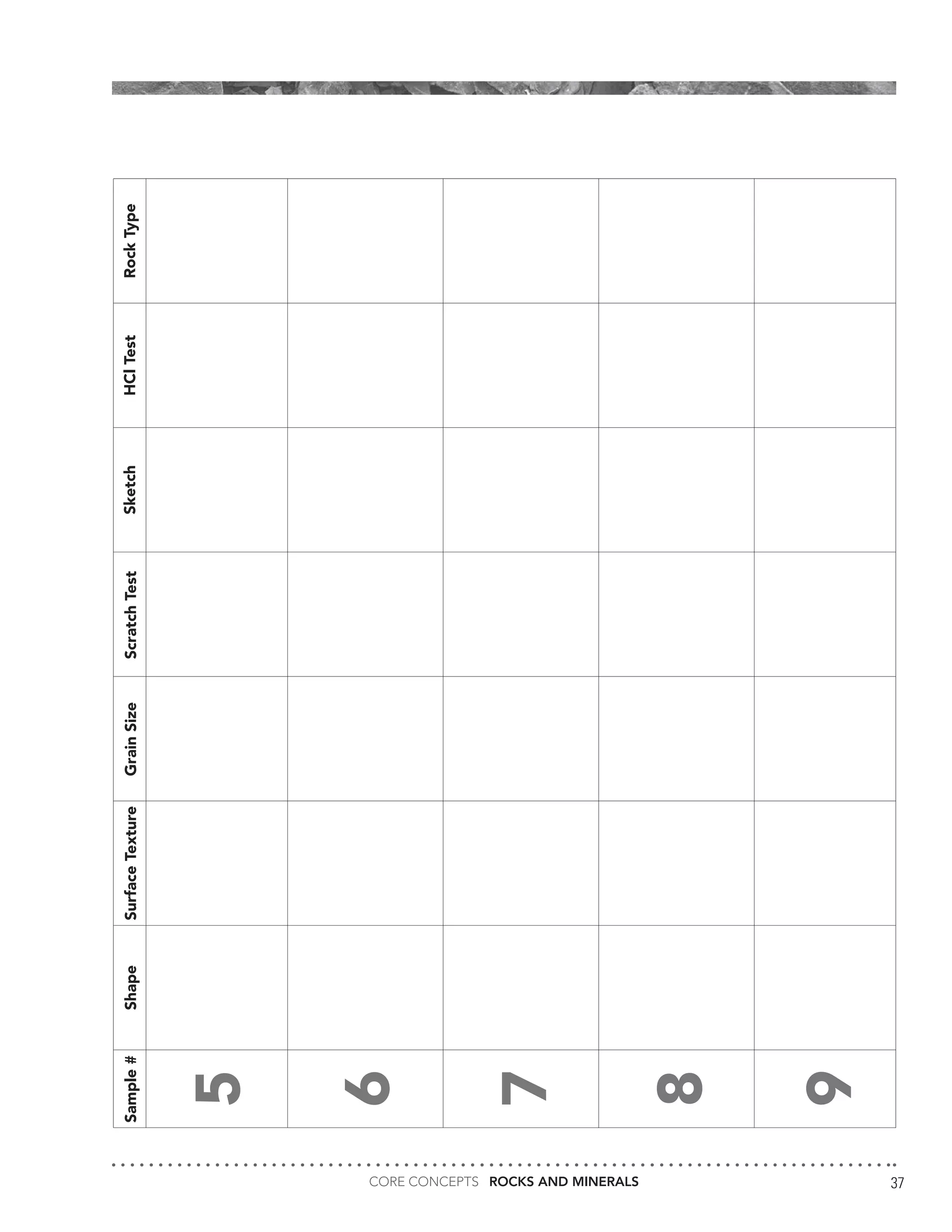 CORE CONCEPTS ROCKS AND MINERALS 37
ShapeSurfaceTextureGrainSizeScratchTestSketchHClTestRockTypeSample#
5
6
7
8
9
 