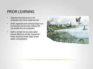 • Organisms live and survive in an
ecosystem only if their needs are met.
• All the organisms and nonliving things in an
environment and how they interact with
one another form an ecosystem.
• Earth is divided into six areas called
biomes defined by climate: tropical rain
forest, deciduous forest, taiga, tundra,
desert, and grassland.
PRIOR LEARNING
 