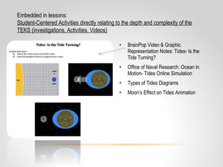 • BrainPop Video & Graphic
Representation Notes: Tides- Is the
Tide Turning?
• Office of Naval Research: Ocean in
Motion- Tides Online Simulation
• Types of Tides Diagrams
• Moon’s Effect on Tides Animation
Embedded in lessons:
Student-Centered Activities directly relating to the depth and complexity of the
TEKS (investigations, Activities, Videos)
 