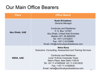 Our Main Office Bearers
Place Office Bearer
Abu Dhabi, UAE
Kush Srivastava
General Manager
Continuity and Resilience
P. O. Box 127557
Abu Dhabi, United Arab Emirates
Mobile:+971 50 8460530
Tel: +971 2 8152831
Fax: +971 2 8152888
Email: info@continuityandresilience.com
INDIA, UAE
Neha Rana
Executive- Consulting, Assessment and Training Services
Continuity and Resilience
Level 15,Eros Corporate Tower
Nehru Place ,New Delhi-110019
Tel: +91 11 41055534/ +91 11 41613033
Fax: ++91 11 41055535
Email: neha@continuityandresilience.com
22
 