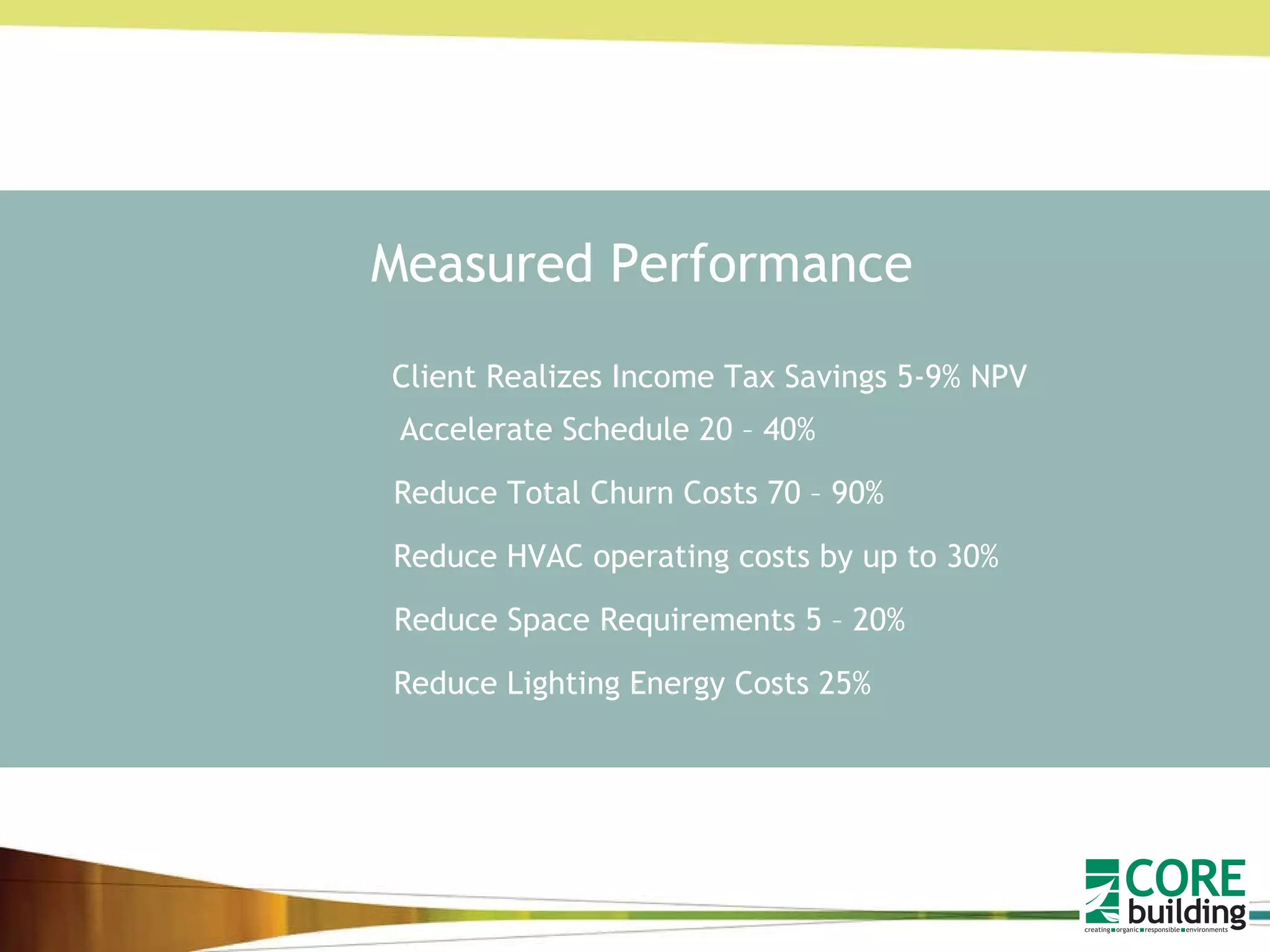 Measured Performance Accelerate Schedule 20 – 40% Reduce Space Requirements 5 – 20% Reduce Lighting Energy Costs 25% Reduce HVAC operating costs by up to 30% Reduce Total Churn Costs 70 – 90% Client Realizes Income Tax Savings 5-9% NPV  