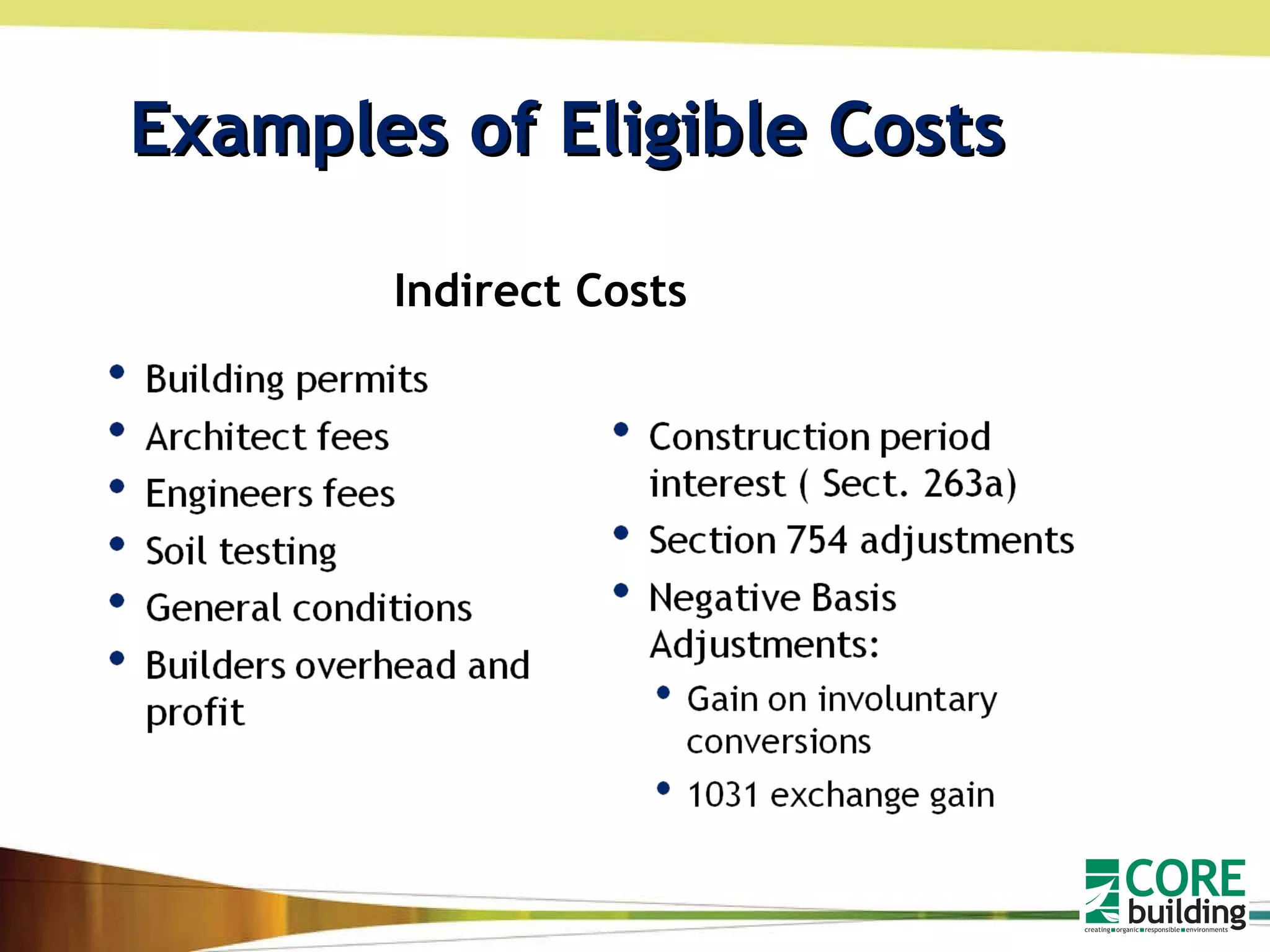 Examples of Eligible Costs Indirect Costs 