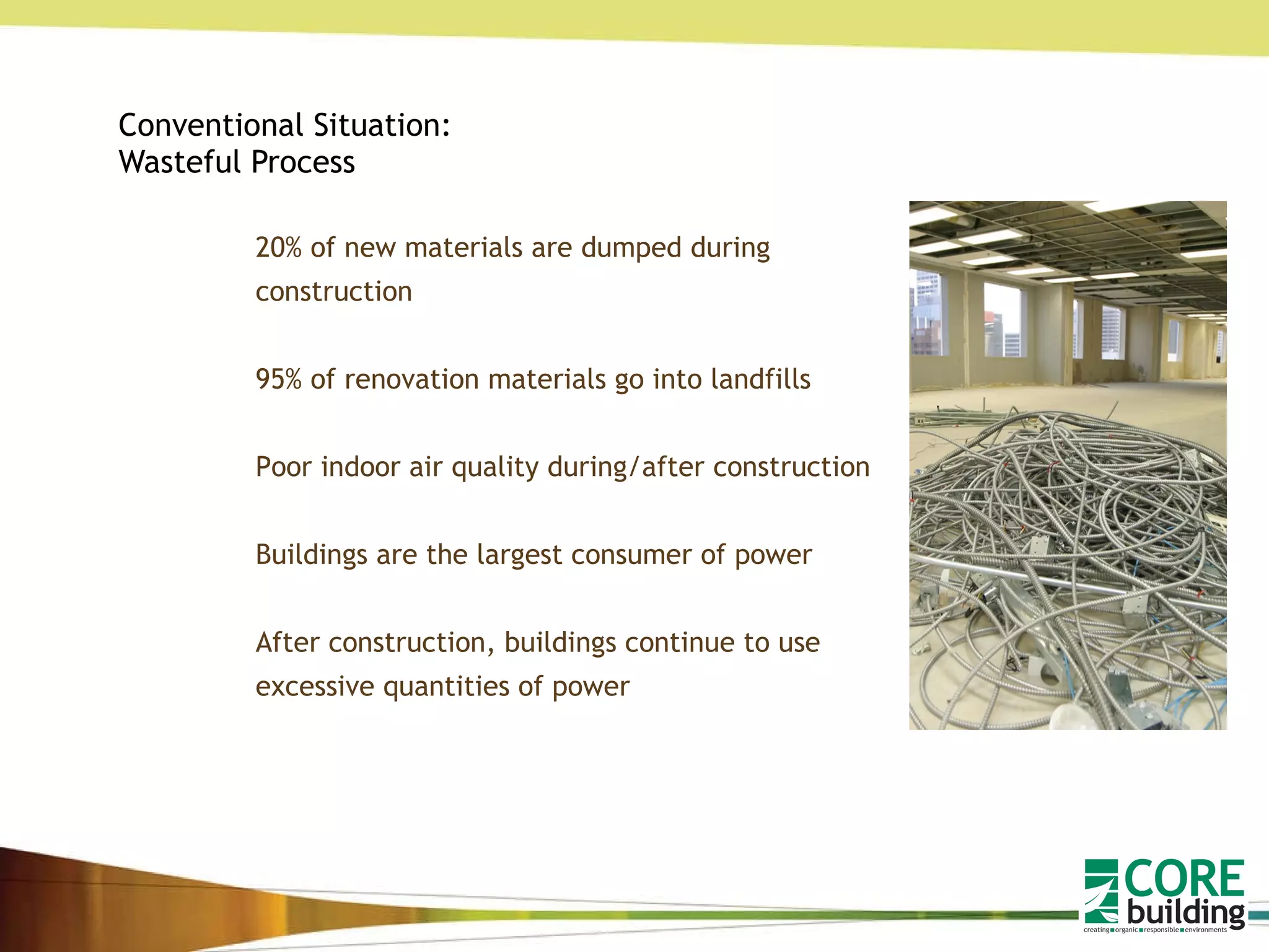Conventional Situation: Wasteful Process  20% of new materials are dumped during construction 95% of renovation materials go into landfills Poor indoor air quality during/after construction Buildings are the largest consumer of power After construction, buildings continue to use excessive quantities of power 