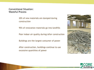 Conventional Situation: Wasteful Process  20% of new materials are dumped during construction 95% of renovation materials go into landfills Poor indoor air quality during/after construction Buildings are the largest consumer of power After construction, buildings continue to use excessive quantities of power 