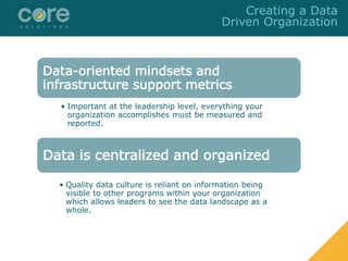 Data-oriented mindsets and
infrastructure support metrics
• Important at the leadership level, everything your
organization accomplishes must be measured and
reported.
Data is centralized and organized
• Quality data culture is reliant on information being
visible to other programs within your organization
which allows leaders to see the data landscape as a
whole.
Creating a Data
Driven Organization
 