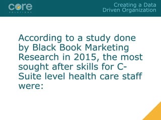 According to a study done
by Black Book Marketing
Research in 2015, the most
sought after skills for C-
Suite level health care staff
were:
Creating a Data
Driven Organization
 
