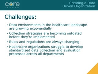 • Data environments in the healthcare landscape
are growing exponentially
• Collection strategies are becoming outdated
before they’re implemented
• Rules and regulations are always changing
• Healthcare organizations struggle to develop
standardized data collection and evaluation
processes across all departments
Creating a Data
Driven Organization
Challenges:
 