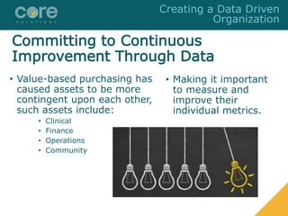 Committing to Continuous
Improvement Through Data
• Value-based purchasing has
caused assets to be more
contingent upon each other,
such assets include:
• Clinical
• Finance
• Operations
• Community
• Making it important
to measure and
improve their
individual metrics.
Creating a Data Driven
Organization
 