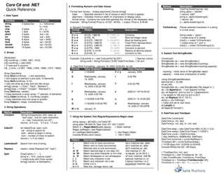 Core C# and .NET
Quick Reference
1. Data Types
Primitive Size Example
string 2 bytes/char s = “reference”;
bool b = true;
char 2 bytes ch = ‘a’;
byte 1 byte b = 0x78;
short 2 bytes Ival = 54;
int 4 bytes Ival = 540;
long 8 bytes ival = 5400;
float 4 bytes val = 54.0F;
double 8 bytes val = 54.0D;
decimal 16 bytes val = 54.0M;
2. Arrays
Declaration
int[] numArray = {1903, 1907, 1910};
int[] numArray = new int[3];
// 3 rows and 2 columns
int[ , ] nums = {{1907, 1990}, {1904, 1986}, {1910, 1980}};
Array Operations
Array.Sort(numArray); // sort ascending
// Sort begins at element 4 and sorts 10 elements
Array.Sort(numArray, 4,10);
// Use one array as a key and sort two arrays
string[] values = {“Cary”, “Gary”, “Barbara”};
string[] keys = {“Grant”, “Cooper”, “Stanwyck”};
Array.Sort(keys, values);
// Clear elements in array (array, 1st
element, # elements)
Array.Clear(numArray, 0, numArray.Length);
// Copy elements from one array to another
Array.Copy(src, target, numelements);
3. String Operations
Method Description
Compare String.Compare(stra, strb, case, ci)
bool case – true for case insensitive
ci – new CultureInfo(“en-US”)
returns: <0 if a<b, 0 if a=b, 1 if a>b
IndexOf str.IndexOf(val, start, num)
val – string to search for
start – where to begin in string
num – number of chars to search
returns (–1) if no match.
LastIndexOf Search from end of string.
Replace newstr= oldstr.Replace(“old”,”new”);
Split Char[] delim= {‘ ‘, ‘,’};
string w = “Kim, Joanna Leslie”;
// create array with three names
string[] names= w.Split(delim);
6. Formatting Numeric and Date Values
Format Item Syntax: {index[,alignment] [:format string]}
index – Specifies element in list of values to which format is applied.
alignment – Indicates minimum width (in characters) to display value.
format string – Contains the code that specifies the format of the displayed value.
Example: String.Format(“Price is: {0:C2}”, 49.95); // output: Price is: $ 49.95
a. Numeric Formatting
Format
Specifier
Pattern Value Description
C or c {0:C2}, 1388.55 $ 1388.55 Currency.
D or d {0:D5}, 45 00045 Must be integer value.
E or e {0,9:E2}, 1388.55 1.39+E003 Must be floating point.
F or f {0,9:F2}, 1388.55 1388.55 Fixed Point representation.
N or n {0,9:N1}, 1388.55 1,388.6 Insert commas
P or p {0,9:P3}, .7865 78.650% Converts to percent.
R or r {0,9:R}, 3.14159 3.14159 Retains all decimal places.
X or x {0,9:X4}, 31 001f Converts to Hex
Example: CultureInfo ci = new CultureInfo("de-DE"); // German culture
string curdt = String.Format(ci,"{0:M}",DateTime.Now); // 29 Juni
b. DateTime Formatting: (January 19, 2005 16:05:20) en-US
Format Value Displayed Format Value Displayed
d 1/19/2005 Y or y January, 2005
D Wednesday, January
19, 2005
t 4:05 PM
f Wednesday, January
19, 2005 4:05:20 PM
T 4:05:20 PM
F Wednesday, January
19, 2005 4:05 PM
s 2005-01-19T16:05:20
g 1/19/2005 4:05 PM u 2005-01-19 16:05:20Z
G 1/19/2005 4:05:20 PM U Wednesday, January
19, 2005 21:05:20PM
M or m January 19
7. Using the System.Text.RegularExpressions.Regex class
string zipexp = @"d{5}((-|s)?d{4})?$";
string addr="W.44th St, New York, NY 10017-0233";
Match m = Regex.Match(addr,zipexp); // Static method
Regex zipRegex= new Regex(zipexp);
m= zipRegex.Match(addr); // Use Regex Object
Console.WriteLine(m.Value); // 10017-0233
Pattern Description Example
+ Match one or more occurrence ab+c matches abc, abbc
* Match zero or more occurrences ab*c matches ac, abbc
? Matches zero or one occurrence ab?c matches ac, abc
d D Match decimal digit or non-digit (D) dd matches 01, 55
w W Match any word character or non-char w equals [a-zA-Z0-9_]
s S Match whitespace or non-whitespace d*sd+ matches 246 98
[ ] Match any character in set [aeiou]n matches in, on
[^ ] Match any character not in set [^aeiou] matches r or 2
a | b Either a or b jpg|jpeg|gif matches .jpg
n r t New line, carriage return, tab
Method Description
Substring mystring.Substring(ndx, len)
string alpha = “abcdef”;
// returns “cdef”
string s= alpha.Substring(2);
// returns “de”
s = alpha.Substring(3,2);
ToCharArray Places selected characters in a string
in a char array:
String vowel = “aeiou”;
// create array of 5 vowels
char[] c = vowel.ToCharArray();
// create array of ‘i’ and ‘o’.
char[] c = vowel.ToCharArray(2,2);
4. System.Text.StringBuilder
Constructor
StringBuilder sb = new StringBuilder();
StringBuilder sb = new StringBuilder(mystring);
StringBuilder sb = new StringBuilder(mystring,capacity);
mystring – Initial value of StringBuilder object
capacity – Initial size (characters) of buffer.
Using StringBuilderMembers
decimal bmi = 22.2M;
int wt=168;
StringBuilder sb = new StringBuilder(“My weight is ”);
sb = sb.Append(wt); // can append number
sb= sb.Append(“ and my bmi is ”).Append(bmi);
// my weight is 168 and my bmi is 22.2
sb= sb.Replace(“22.2”,”22.4”);
string s = sb.ToString();
// Clear and set to new value
sb.Length=0;
sb.Append(“Xanadu”);
5. DateTime and TimeSpan
DateTime Constructor
DateTime(yr, mo, day)
DateTime(yr, mo, day, hr, min, sec)
DateTime bday = new DateTime(1964,12,20,11,2,0);
DateTime newyr= DateTime.Parse(“1/1/2005”);
DateTime currdt = DateTime.Now;
// also AddHours, AddMonths, AddYears
DateTime tomorrow = currdt.AddDays(1);
TimeSpan diff = currdt.Subtract(bday);
// 14795 days from 12/20/64 to 6/24/05
Console.WriteLine(“{0}”, diff.Days);
// TimeSpan(hrs, min, sec)
TimeSpan ts = new TimeSpan(6, 30, 10);
// also FromMinutes, FromHours, FromDays
TimeSpan ts = TimeSpan.FromSeconds(120);
TimeSpan ts = ts2 – ts1; // +,-,>,<,==, !=
 