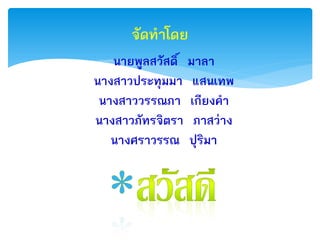 จัึϸําโดย
   นายพูลสวัสดิ์ มาลา
นางสาวประทุมมา แสนเทพ
 นางสาววรรณภา เกียงคํา
นางสาวภัทรจิตรา ภาสวาง
   นางศราวรรณ ปุรมาิ
 