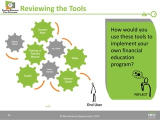 © Microfinance Opportunities. 2014. 
Reviewing the Tools 
How would you use these tools to implement your own financial education program? 
43  