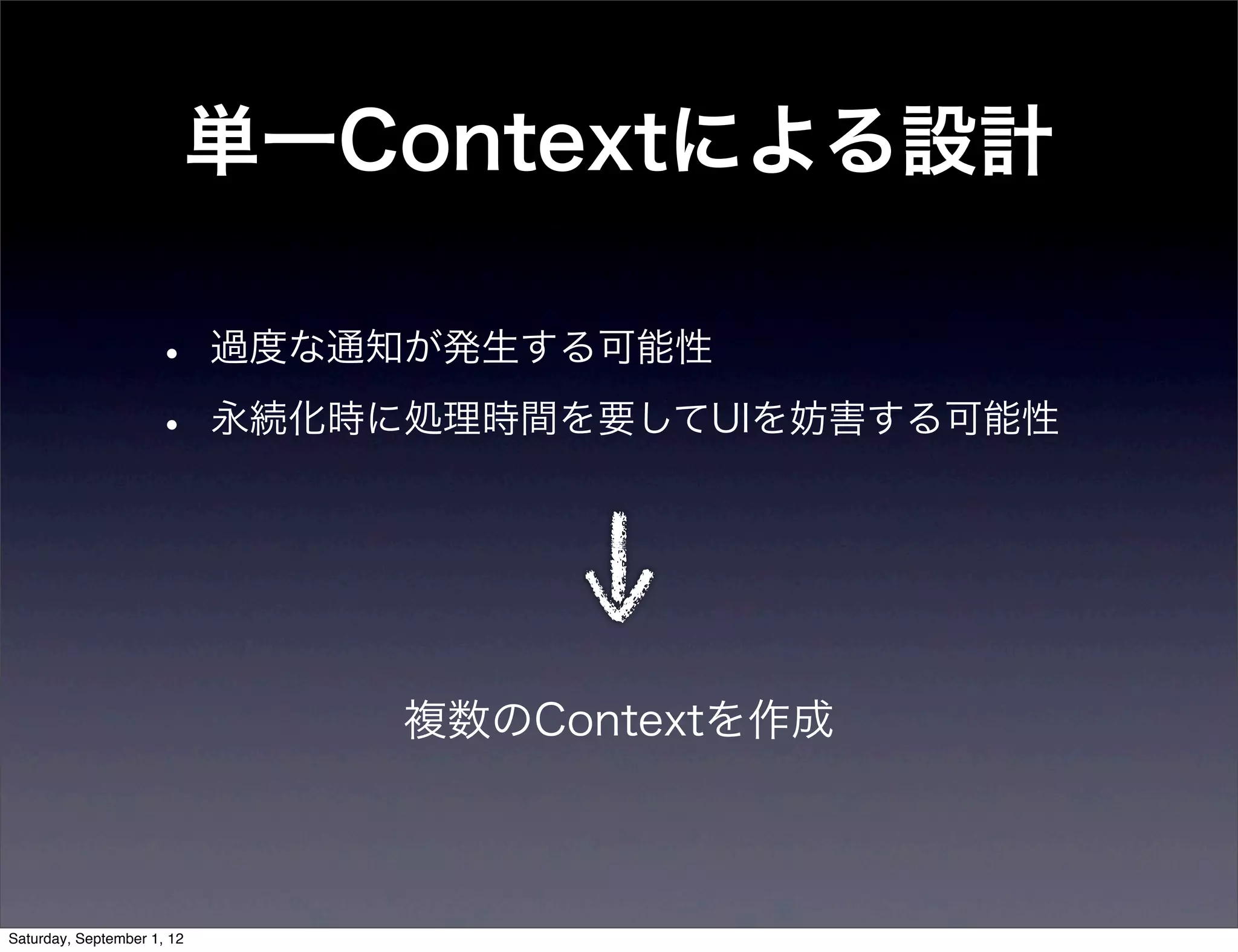 単一Contextによる設計

•   過度な通知が発生する可能性

•   永続化時に処理時間を要してUIを妨害する可能性




         複数のContextを作成
 