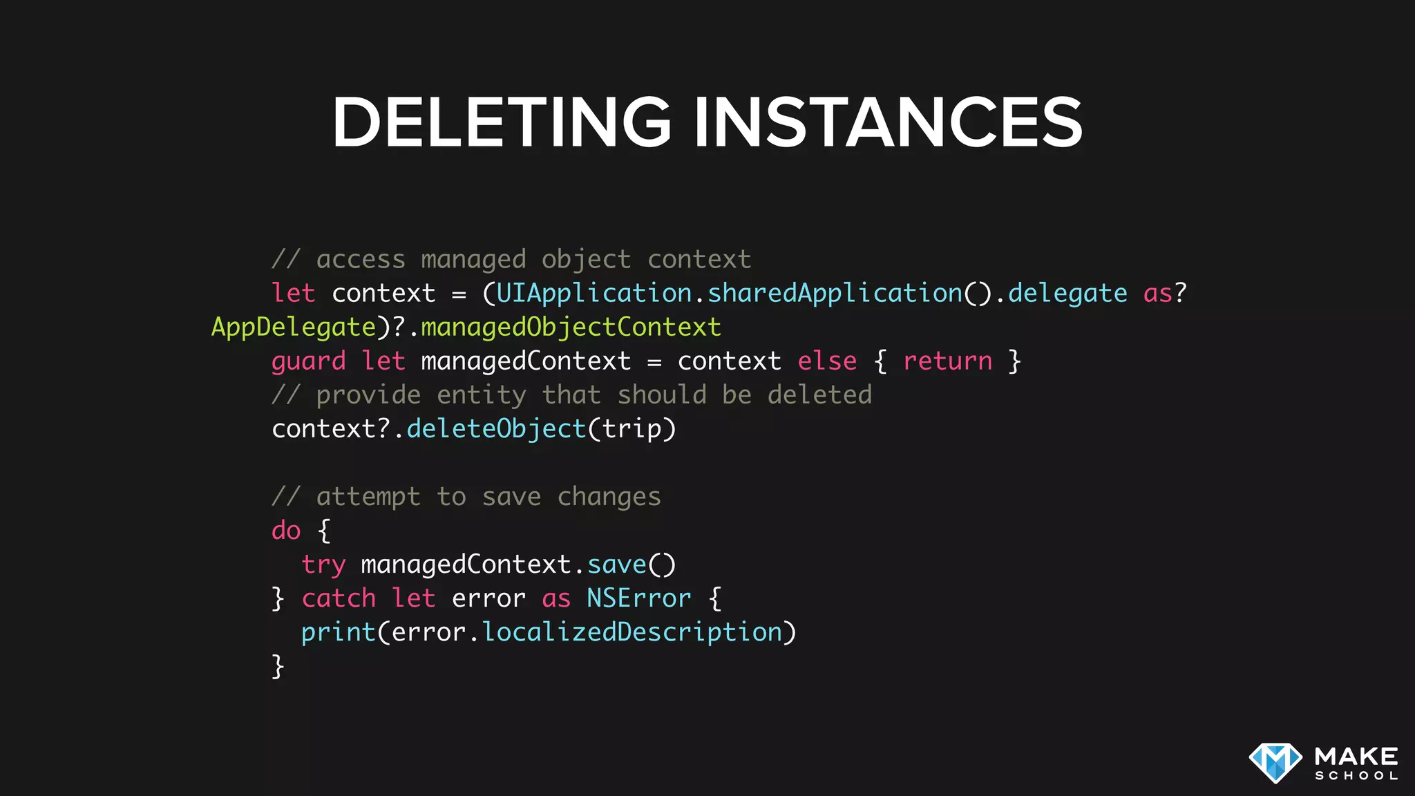 CREATING NEW INSTANCES: IMPROVEMENTS
final class Trip: NSManagedObject, TripPlannerManagedObject {
convenience init(context: NSManagedObjectContext) {
let entityDescription = NSEntityDescription.entityForName("Trip", inManagedObjectContext:
context)!
self.init(entity: entityDescription, insertIntoManagedObjectContext: context)
}
…
}
Provide initializer that hides the entity string within the class:
Then creating a new instance is much cleaner:
let trip = Trip(context: coreDataClient.context)
Thanks to jessesquires.com!
 