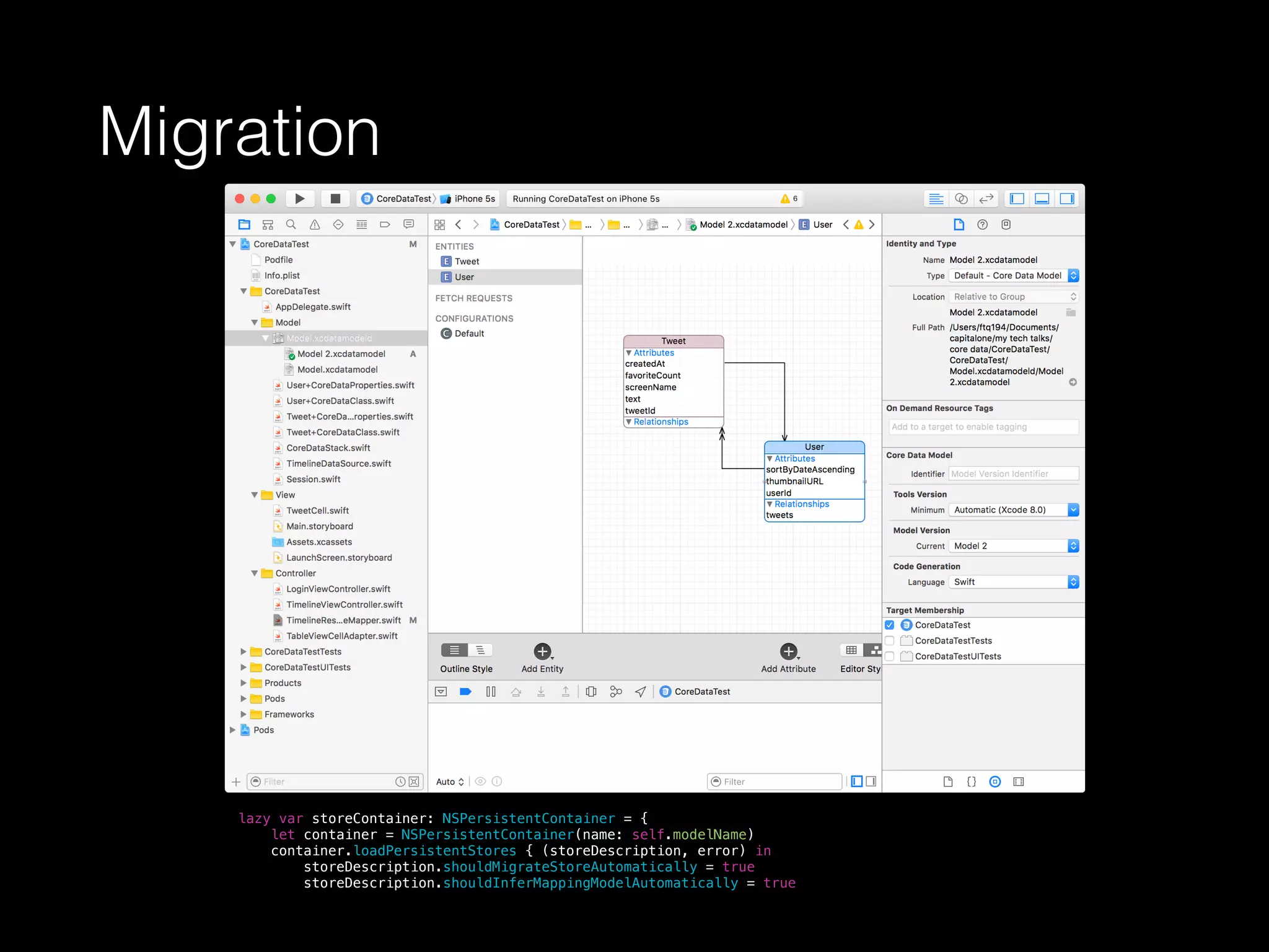 Migration
lazy var storeContainer: NSPersistentContainer = {
let container = NSPersistentContainer(name: self.modelName)
container.loadPersistentStores { (storeDescription, error) in
storeDescription.shouldMigrateStoreAutomatically = true
storeDescription.shouldInferMappingModelAutomatically = true
 
