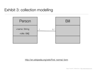 Diego Freniche / @dfreniche / http://www.freniche.com
Exhibit 3: collection modelling
Person
+name: String
+bills: Bill[]
Bill
0..*1
http://en.wikipedia.org/wiki/First_normal_form
 