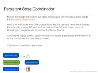 Diego Freniche / @dfreniche / http://www.freniche.com
Persistent Store Coordinador
Managed Object Context
Persistent Store Coordinator
Persistent Object Store
Managed Object Model
Makes the mapping between our App’s objects and the physical storage inside
the Persistent Object Store.
99% time we’ll work with ONE Object Store, but it’s possible use more than one.
For example, a sqlite DB with recipes and another DB with notes, stars, etc.
Coordinator: single façade to work with diﬀerent Stores.
A managed object context can then create an object graph based on the union of
all the data stores the coordinator covers
Coordinator: serializes operations
 