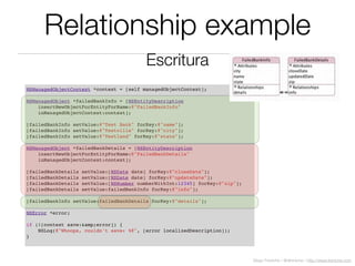 Diego Freniche / @dfreniche / http://www.freniche.com
Relationship example
NSManagedObjectContext *context = [self managedObjectContext];
NSManagedObject *failedBankInfo = [NSEntityDescription
insertNewObjectForEntityForName:@"FailedBankInfo"
inManagedObjectContext:context];
[failedBankInfo setValue:@"Test Bank" forKey:@"name"];
[failedBankInfo setValue:@"Testville" forKey:@"city"];
[failedBankInfo setValue:@"Testland" forKey:@"state"];
NSManagedObject *failedBankDetails = [NSEntityDescription
insertNewObjectForEntityForName:@"FailedBankDetails"
inManagedObjectContext:context];
[failedBankDetails setValue:[NSDate date] forKey:@"closeDate"];
[failedBankDetails setValue:[NSDate date] forKey:@"updateDate"];
[failedBankDetails setValue:[NSNumber numberWithInt:12345] forKey:@"zip"];
[failedBankDetails setValue:failedBankInfo forKey:@"info"];
[failedBankInfo setValue:failedBankDetails forKey:@"details"];
NSError *error;
if (![context save:&amp;error]) {
NSLog(@"Whoops, couldn't save: %@", [error localizedDescription]);
}
Escritura
 
