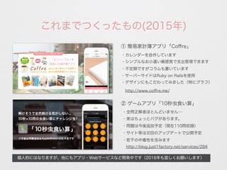 これまでつくったもの(2015年)
① 簡易家計簿アプリ「Coﬀre」
② ゲームアプリ「10秒虫食い算」
・カレンダーを自作しています
・シンプルなお小遣い帳感覚で支出管理できます
・全問正解者ほとんどいません…
・不定期ですがコラムも書いています
・サーバーサイドはRuby on Railsを使用
http://www.coﬀre.me/
・デザインにもこだわってみました（特にグラフ）
・実はちょっとバグがあります。
・問題は今後追加予定（現在110問収録）
個人的にはなりますが、他にもアプリ・Webサービスなど開発中です（2016年も宜しくお願いします）
・サイト等は次回のアップデートで公開予定
http://blog.just1factory.net/services/284
・若干の中毒性を含みます
 