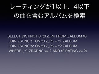`ƥ󥰤1ϡ4
򺬤ॢХ
SELECT DISTINCT 0, t0.Z_PK FROM ZALBUM t0?
JOIN ZSONG t1 ON t0.Z_PK = t1.ZALBUM?
JOIN ZSONG t2 ON t0.Z_PK = t2.ZALBUM?
WHERE ( t1.ZRATING >= ? AND t2.RATING <= ?)
 