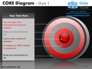 CORE Diagram - Style 1

       Your Text Here

 Your text goes here
 Download this awesome
 diagram
 Bring your presentation to
 life
 Capture your audience’s
 attention
 All images are 100% editable
 in powerpoint

 Bring your presentation to
 life


www.slideteam.net               Your Logo
 
