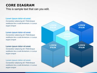 Lorem ipsum dolor sit amet.
Consectetur adipiscing elit. Pellentesque
vestibulum leo a nulla fermentum, in cursus
augue congue
Lorem ipsum dolor sit amet.
Consectetur adipiscing elit. Pellentesque
vestibulum leo a nulla fermentum, in cursus
augue congue
Lorem ipsum dolor sit amet.
Consectetur adipiscing elit. Pellentesque
vestibulum leo a nulla fermentum, in cursus
augue congue
Lorem ipsum dolor sit amet.
Consectetur adipiscing elit. Pellentesque
vestibulum leo a nulla fermentum, in cursus
augue congue
LOREM
IPSUM
LOREM
IPSUM
LOREM
IPSUM
LOREM
IPSUM
LOREM
IPSUM
This is sample text that can you edit.
CORE DIAGRAM
 