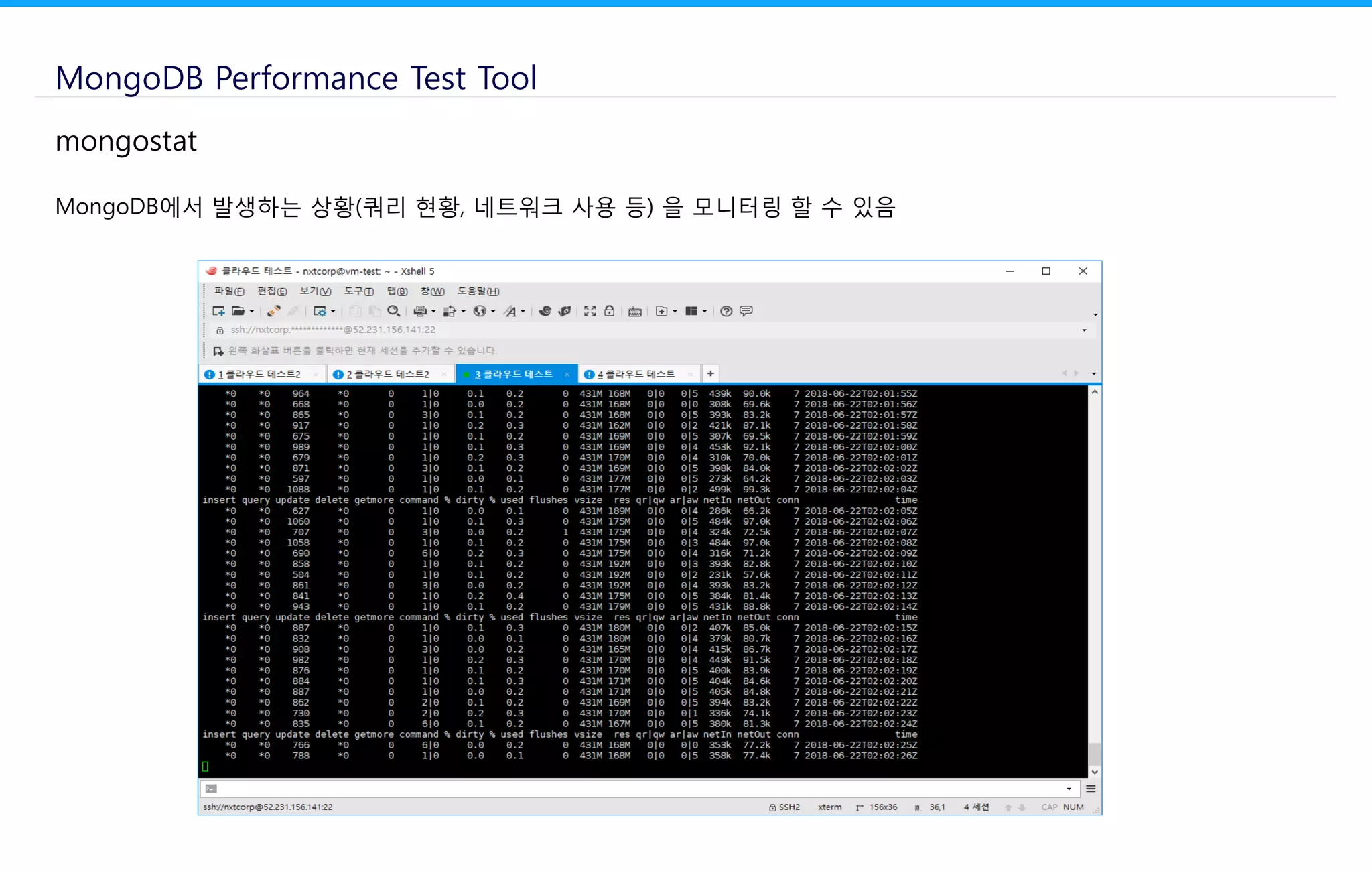 mongostat
MongoDB에서 발생하는 상황(쿼리 현황, 네트워크 사용 등) 을 모니터링 할 수 있음
MongoDB Performance Test Tool
 