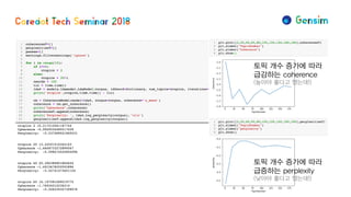 토픽 개수 증가에 따라
급감하는 coherence
(높아야 좋다고 했는데!)
토픽 개수 증가에 따라
급증하는 perplexity
(낮아야 좋다고 했는데!)
 