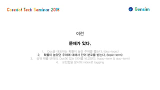 이런
문제가 있다.
1. Doc을 대표하는 확률이 높은 주제를 뽑는다. (doc-topic)
2. 확률이 높았던 주제에 대해서 단어 분포를 받는다. (topic-term)
3. 상위 확률 단어와, Doc에 있는 단어를 비교한다. (topic-term & doc-term)
4. 교집합을 문서의 index로 tagging
 