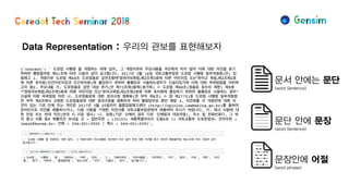Data Representation : 우리의 관보를 표현해보자
문단 안에 문장
(word Sentence)
문서 안에는 문단
(word Sentence)
문장안에 어절
(word phrase)
 