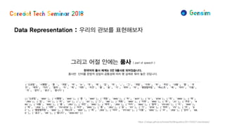 Data Representation : 우리의 관보를 표현해보자
그리고 어절 안에는 품사 ( part of speech )
한국어의 품사 체계는 5언 9품사로 되어있습니다.
품사란 단어를 문법적 성질의 공통성에 따라 몇 갈래로 묶어 놓은 것입니다.
https://ratsgo.github.io/korean%20linguistics/2017/04/21/wordclass/
 