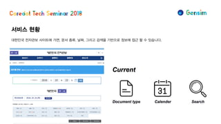 서비스 현황
대한민국 전자관보 사이트에 가면, 문서 종류, 날짜, 그리고 검색을 기반으로 정보에 접근 할 수 있습니다.
 