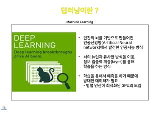 Machine Learning
• 인간의 뇌를 기반으로 만들어진
인공신경망(Artificial Neural
network)에서 발전한 인공지능 방식
• 뇌의 뉴런과 유사한 방식을 이용,
정보 입출력 계층(layer)를 통해
학습을 하는 방식
• 학습을 통해서 예측을 하기 때문에
방대한 데이터가 필요
- 병렬 연산에 최적화된 GPU의 도입
 