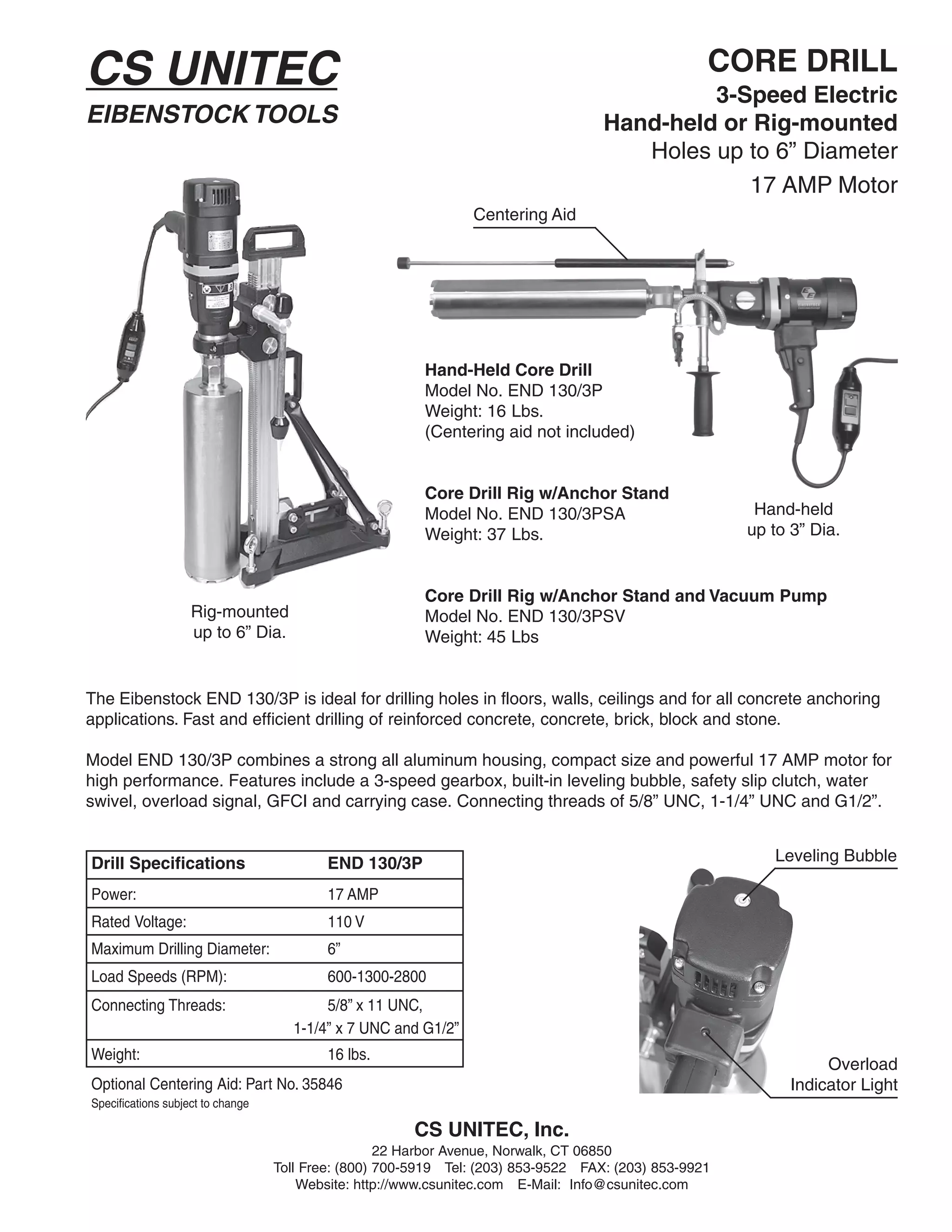 CS Unitec Core Drills: 3 Speed Electric - END 130/3P | PDF