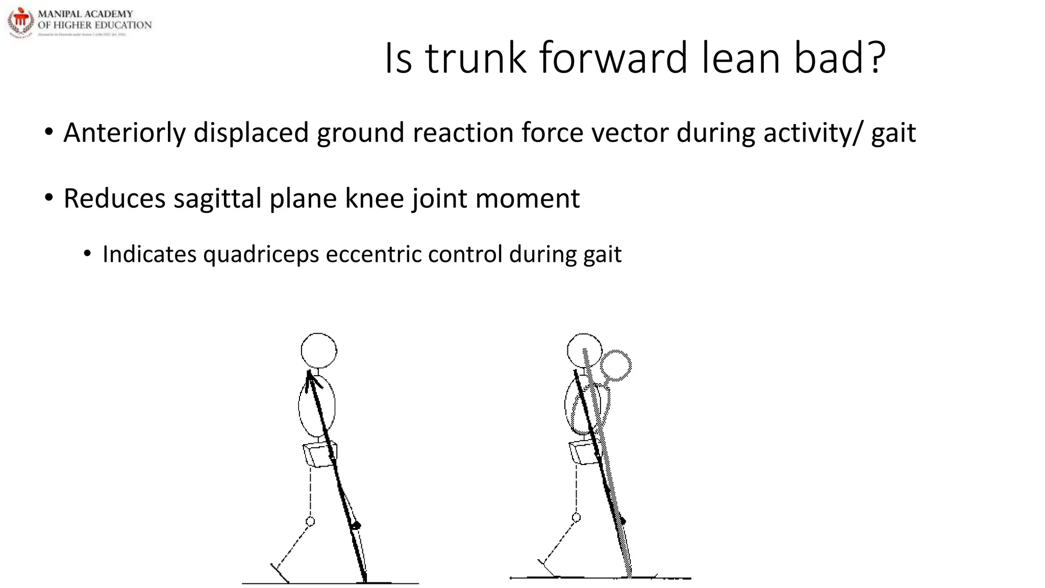 Is trunk forward lean bad?
• Anteriorly displaced ground reaction force vector during activity/ gait
• Reduces sagittal plane knee joint moment
• Indicates quadriceps eccentric control during gait
 