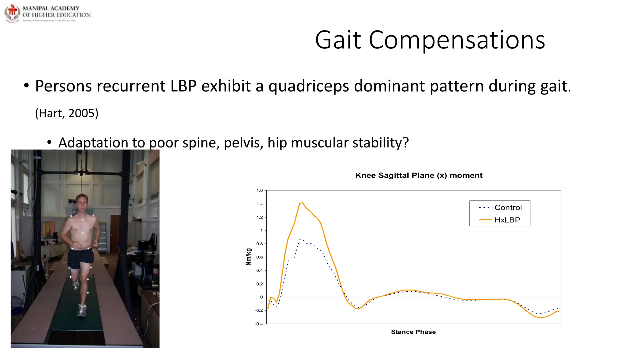 Gait Compensations
• Persons recurrent LBP exhibit a quadriceps dominant pattern during gait.
(Hart, 2005)
• Adaptation to poor spine, pelvis, hip muscular stability?
Knee Sagittal Plane (x) moment
-0.4
-0.2
0
0.2
0.4
0.6
0.8
1
1.2
1.4
1.6
Stance Phase
Nm/kg
Control
HxLBP
 